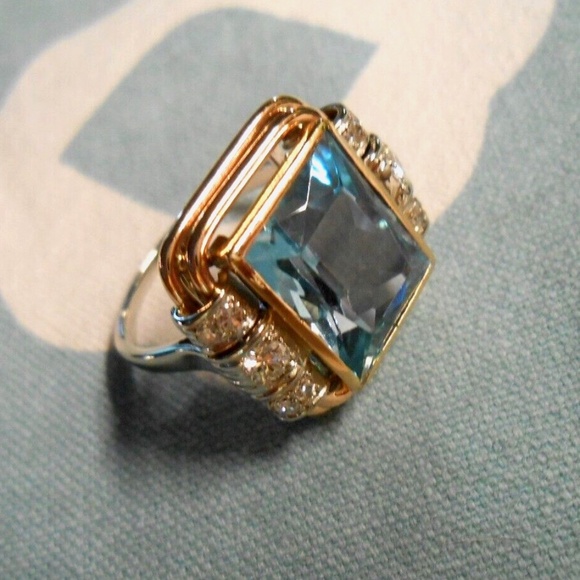 Vintage Art Deco  Stunning 14K, 5.5 ct Radiant Cut Aquamarine Diamond Ring - Picture 2 of 14